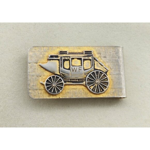 Vintage Wells Fargo US Mail Stage Coach‎ Money Clip Gold/Silver Toned 2"x1"